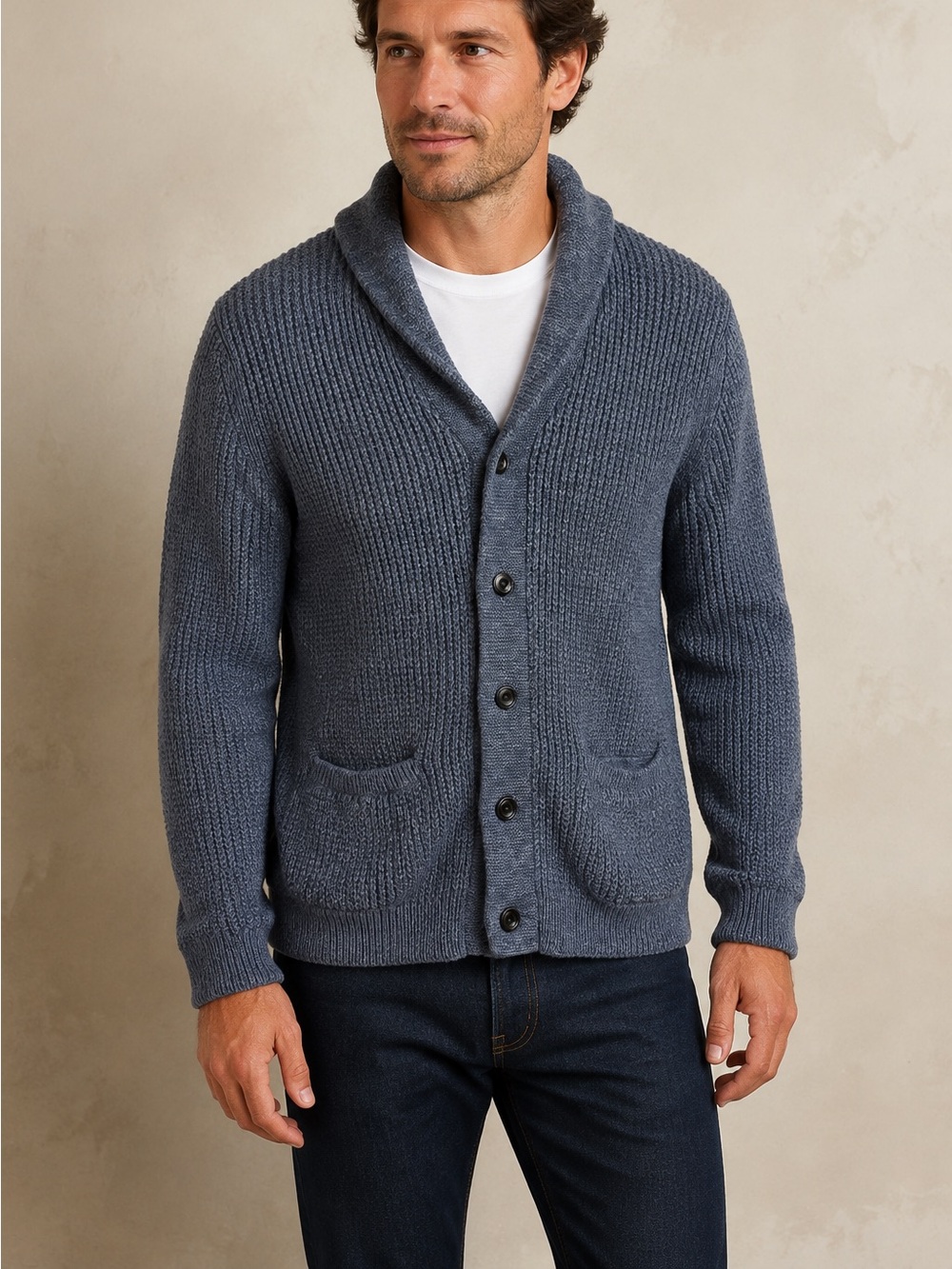 L.L.Bean Men’s M Blue Organic Cotton Chunky Knit Shawl Collar Cardigan